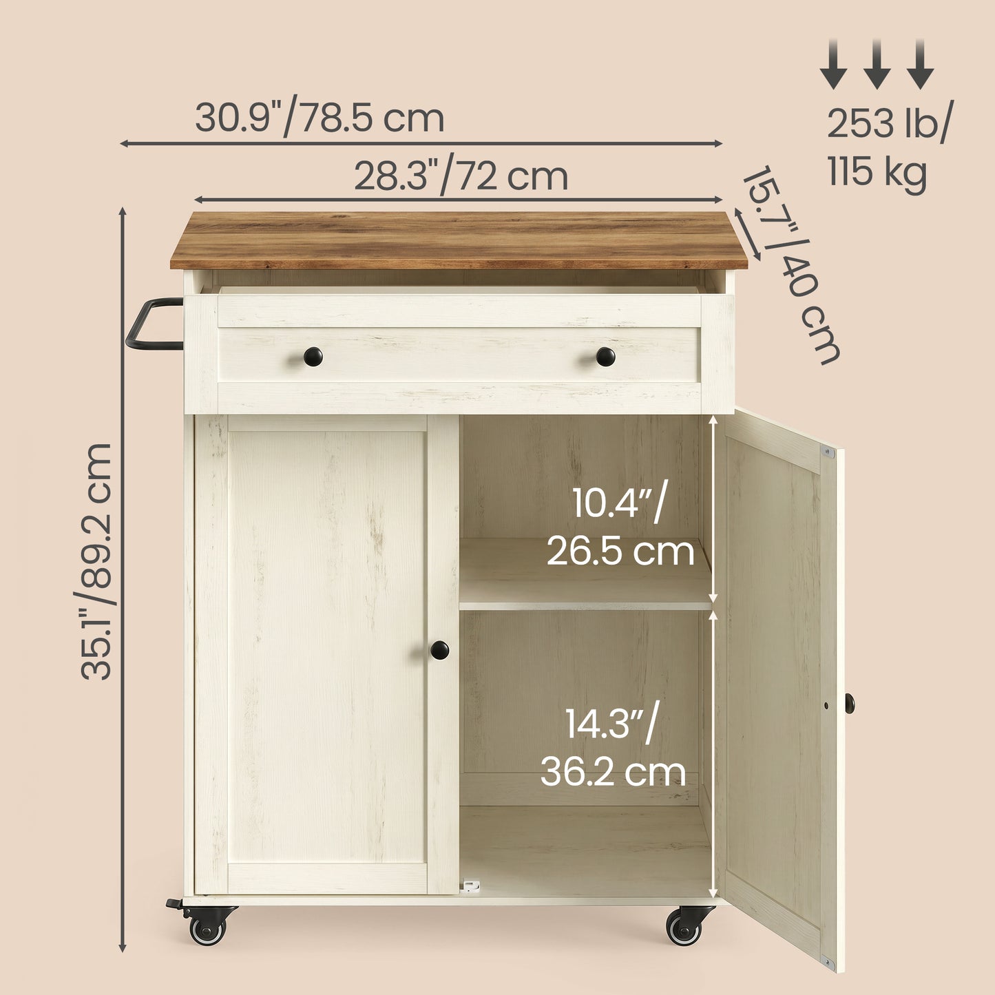 Rolling Kitchen Island, Mobile Cart with Storage Cabinet, Drawer & Adjustable Shelf, Farmhouse Style, 15.8 x 30.9 x 35.1 Inches, Rustic White and Honey Brown