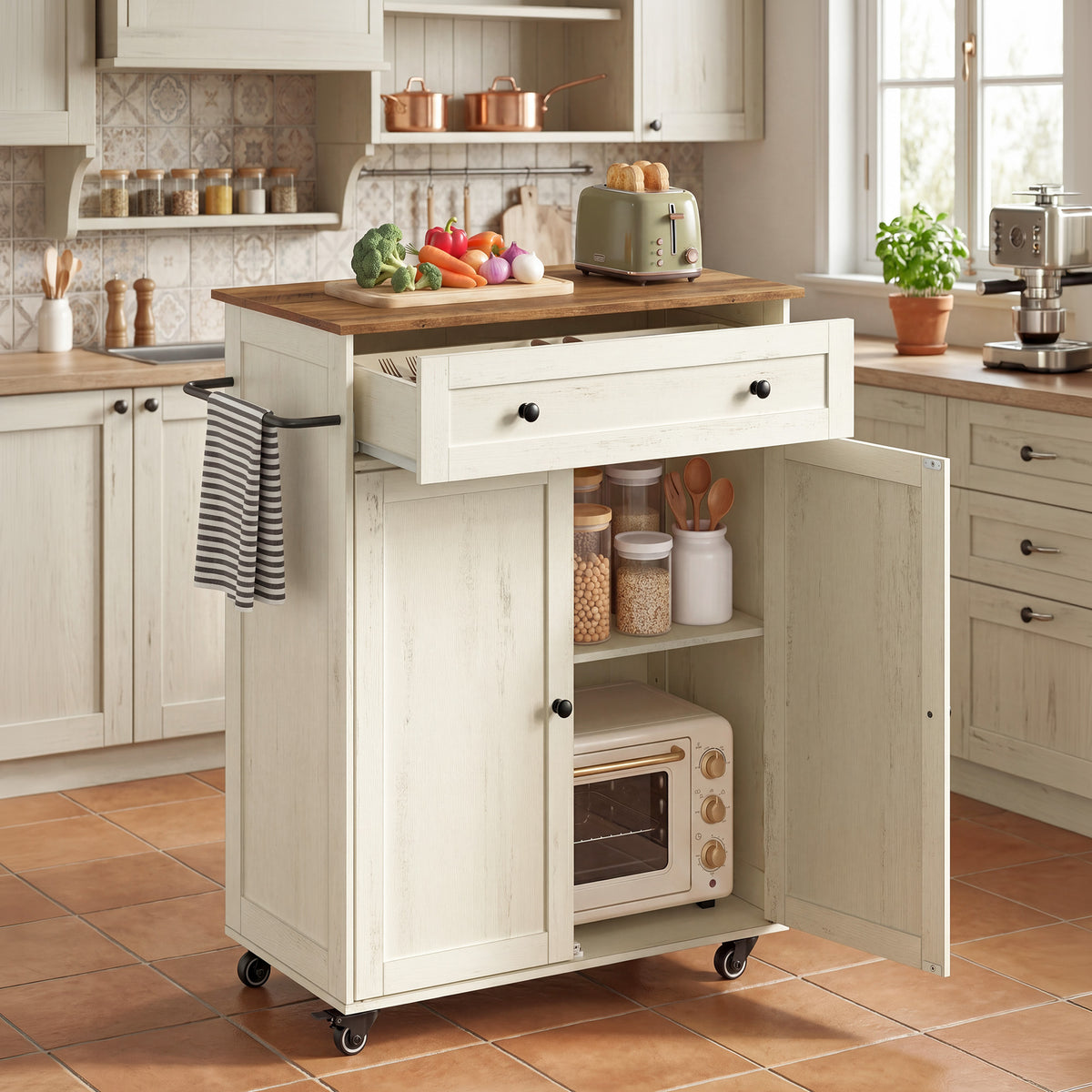Rolling Kitchen Island, Mobile Cart with Storage Cabinet, Drawer & Adjustable Shelf, Farmhouse Style, 15.8 x 30.9 x 35.1 Inches, Rustic White and Honey Brown
