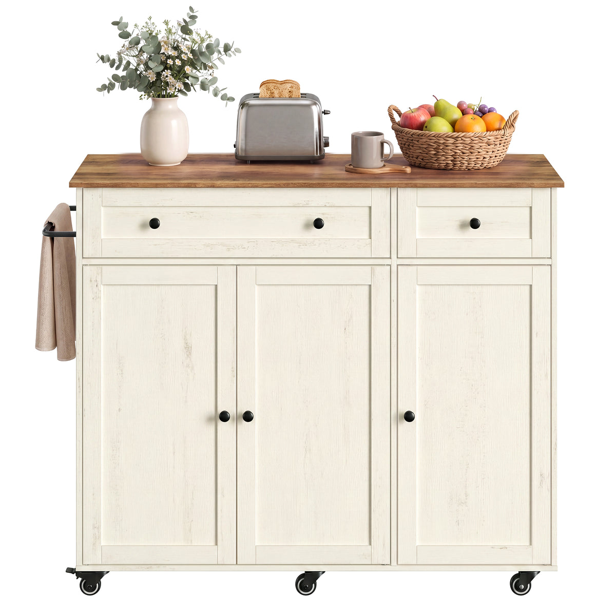 Rolling Farmhouse Kitchen Island, Mobile Cart with Storage Cabinet, Drawer & Adjustable Shelf, 42.1" Worktop, Cloud White & Warm Earth Brown
