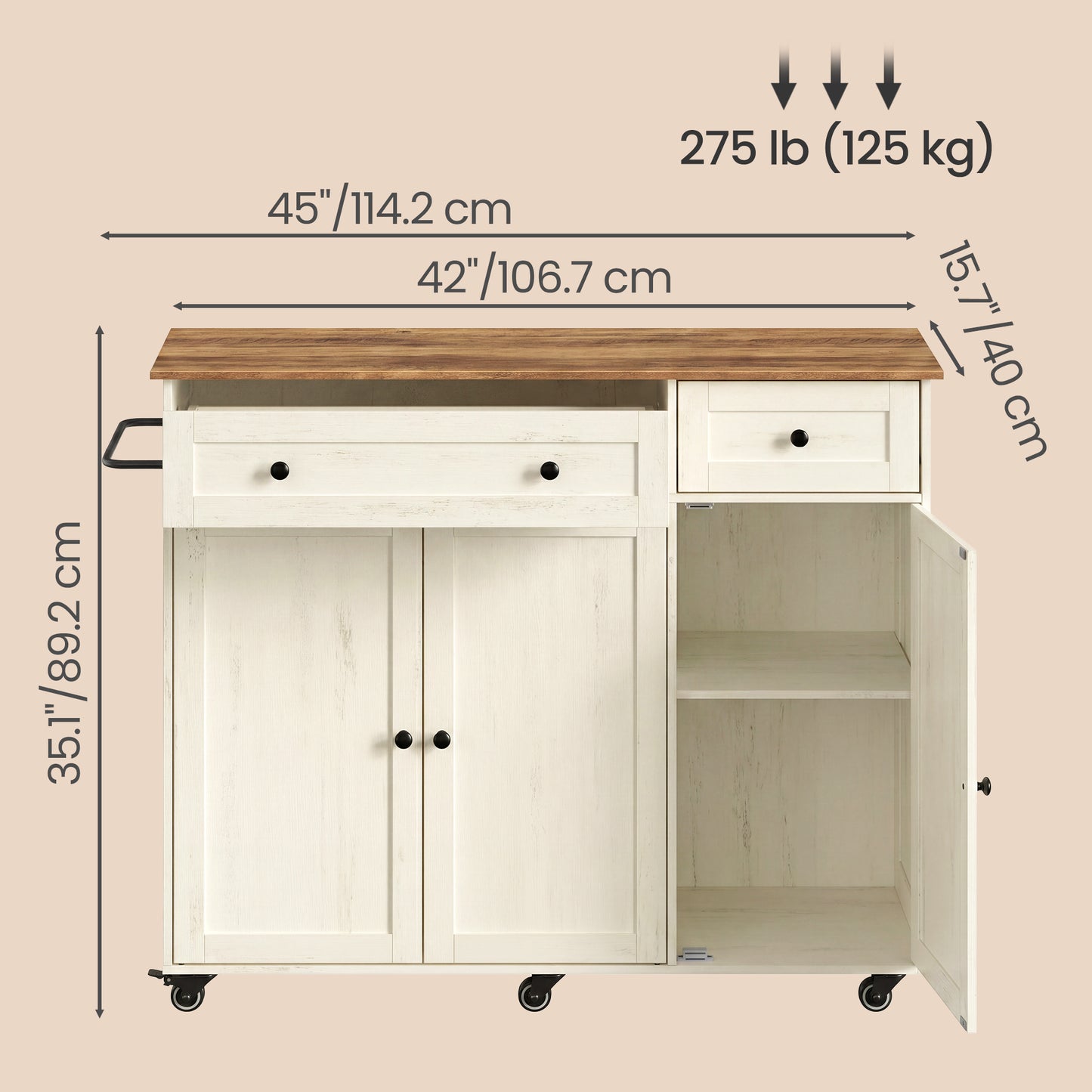 Rolling Farmhouse Kitchen Island, Mobile Cart with Storage Cabinet, Drawer & Adjustable Shelf, 42.1" Worktop, Cloud White & Warm Earth Brown