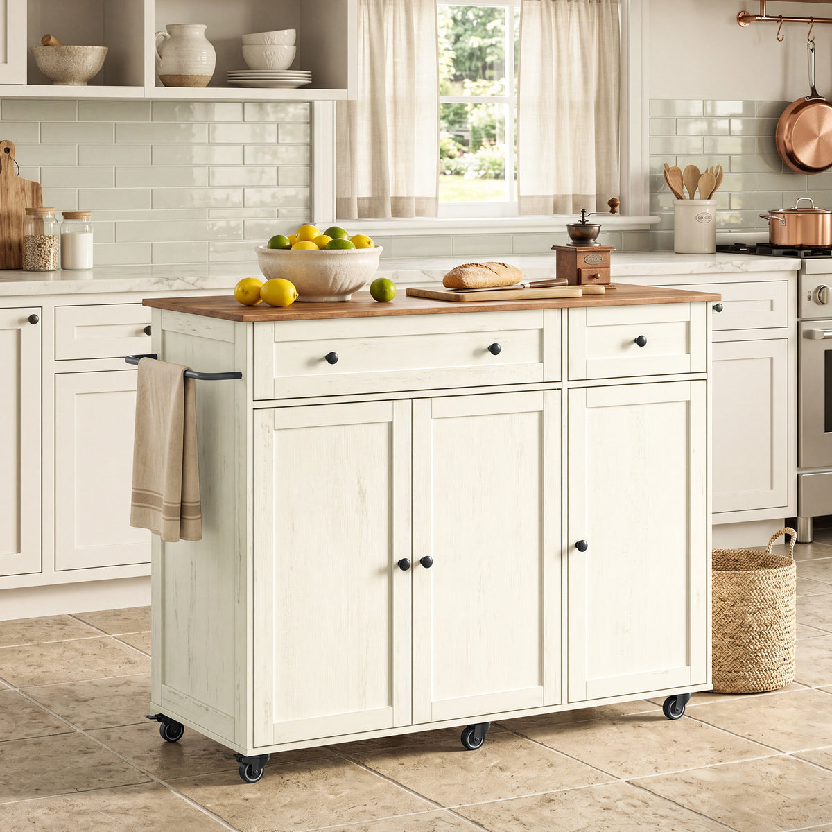 Rolling Farmhouse Kitchen Island, Mobile Cart with Storage Cabinet, Drawer & Adjustable Shelf, 42.1" Worktop, Cloud White & Warm Earth Brown