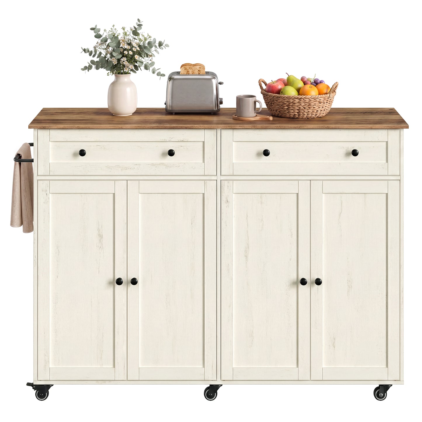 Extra-Long Rolling Kitchen Island, Mobile Cart with Storage Cabinet, Drawer & Adjustable Shelf, Farmhouse Style, Cloud White & Warm Earth Brown