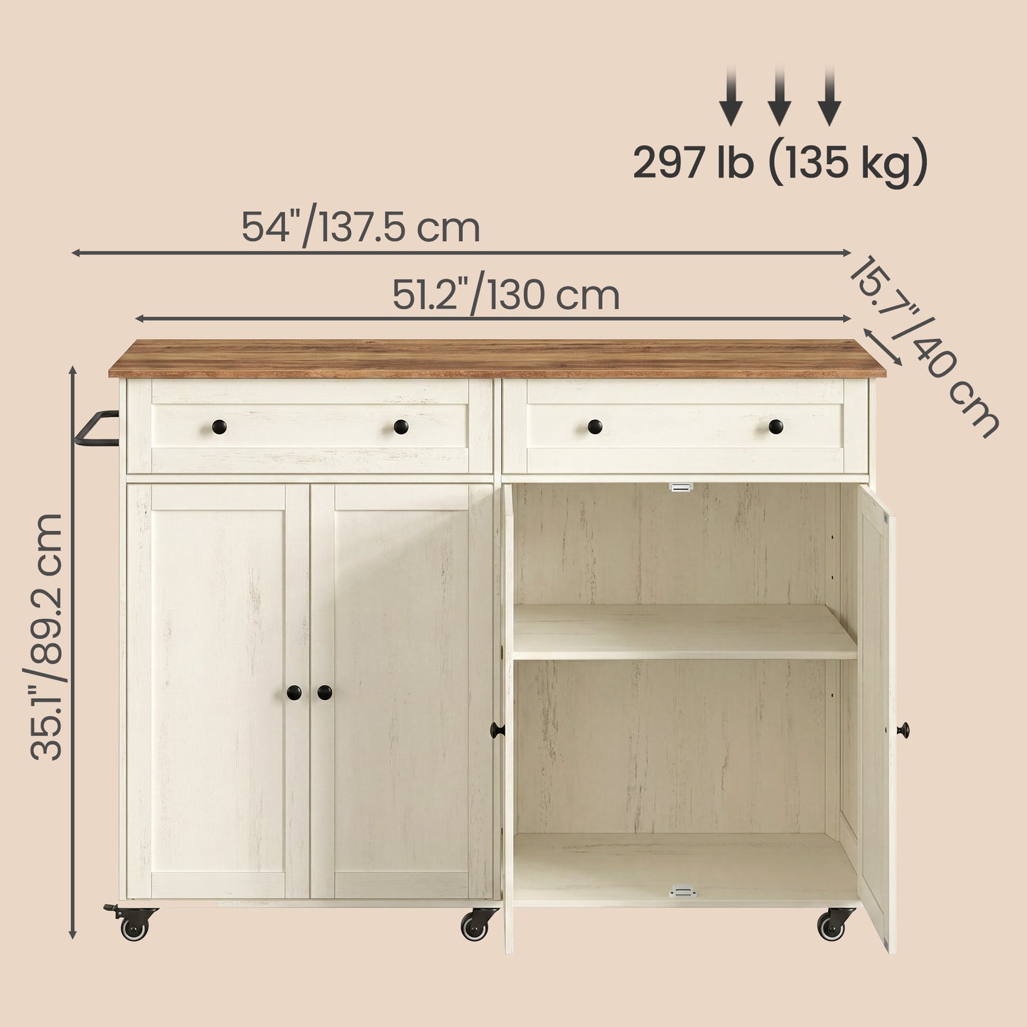 Extra-Long Rolling Kitchen Island, Mobile Cart with Storage Cabinet, Drawer & Adjustable Shelf, Farmhouse Style, Cloud White & Warm Earth Brown