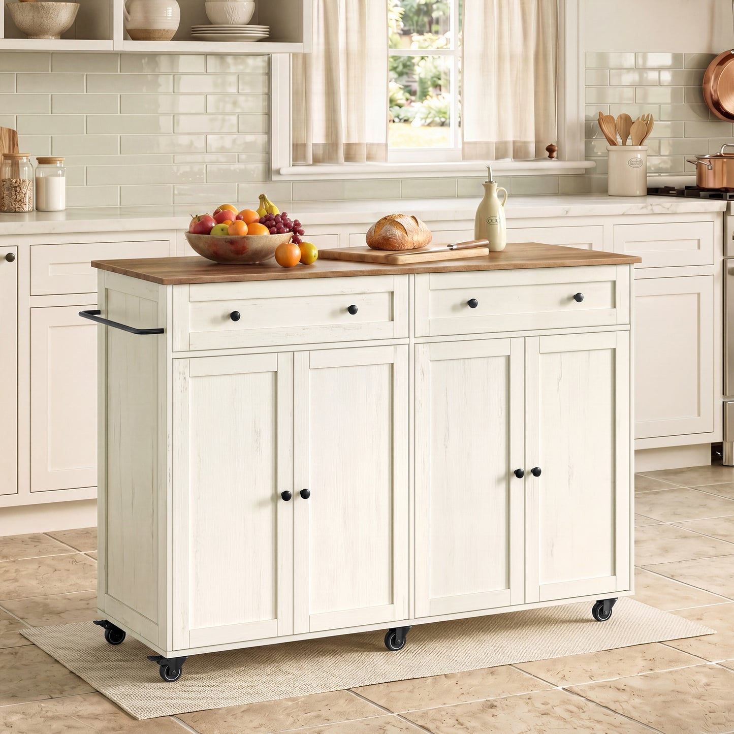 Extra-Long Rolling Kitchen Island, Mobile Cart with Storage Cabinet, Drawer & Adjustable Shelf, Farmhouse Style, Cloud White & Warm Earth Brown