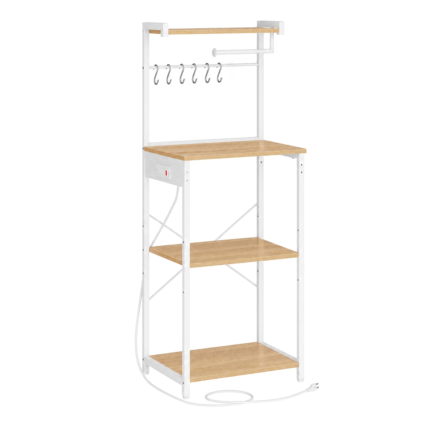 Bakers Rack with Power Outlet, 4-Tier Coffee Bar Stand, Modern Microwave Shelf, Adjustable Middle Shelf, 8 S Hooks, Golden Oak and Cloud White