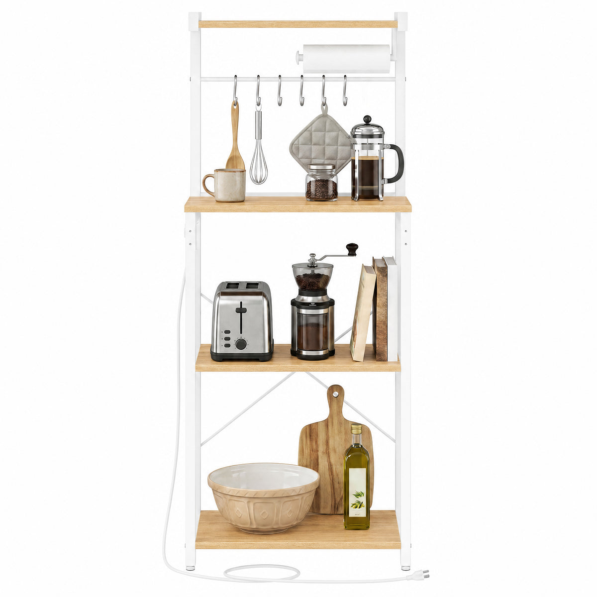 Bakers Rack with Power Outlet, 4-Tier Coffee Bar Stand, Modern Microwave Shelf, Adjustable Middle Shelf, 8 S Hooks, Golden Oak and Cloud White