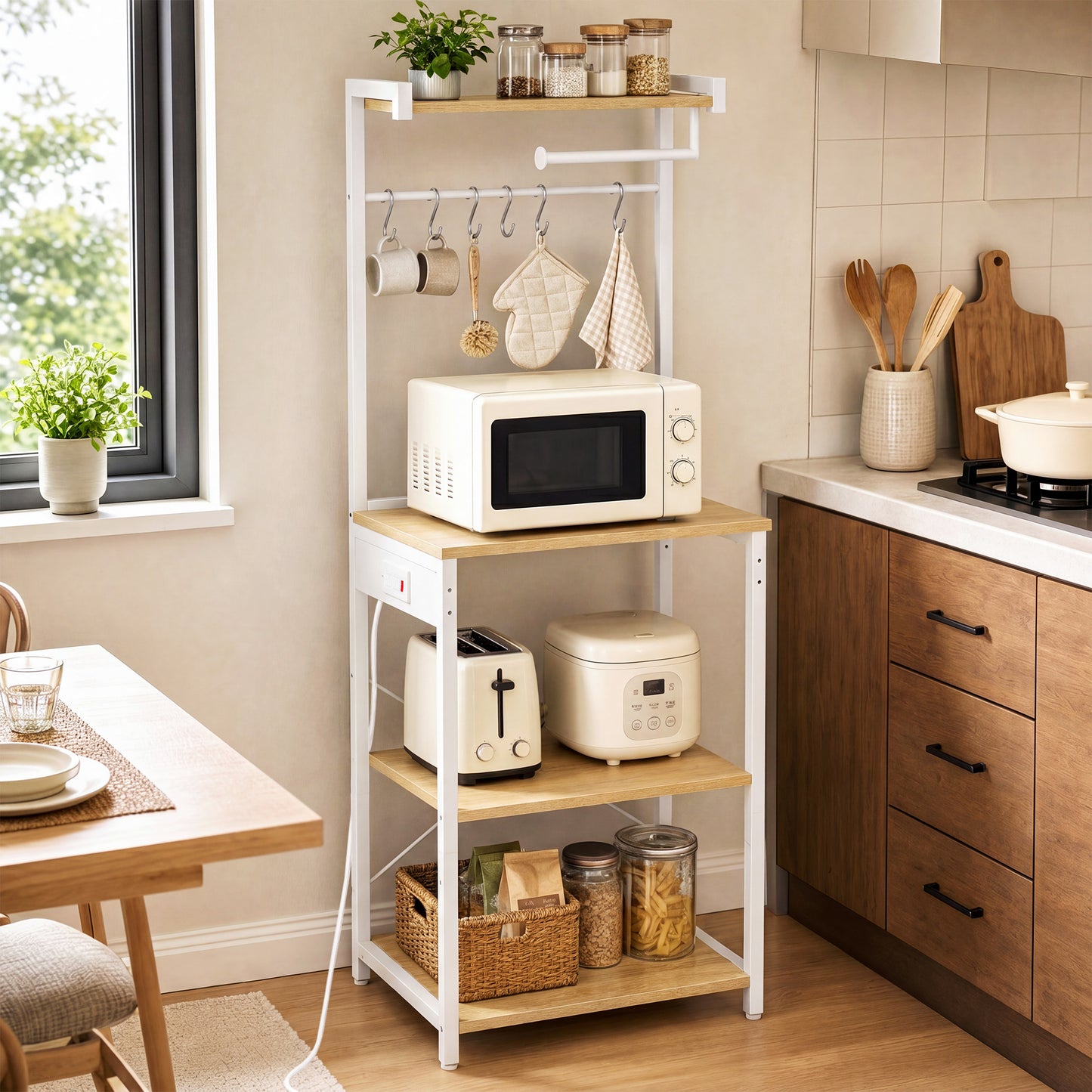 Bakers Rack with Power Outlet, 4-Tier Coffee Bar Stand, Modern Microwave Shelf, Adjustable Middle Shelf, 8 S Hooks, Golden Oak and Cloud White
