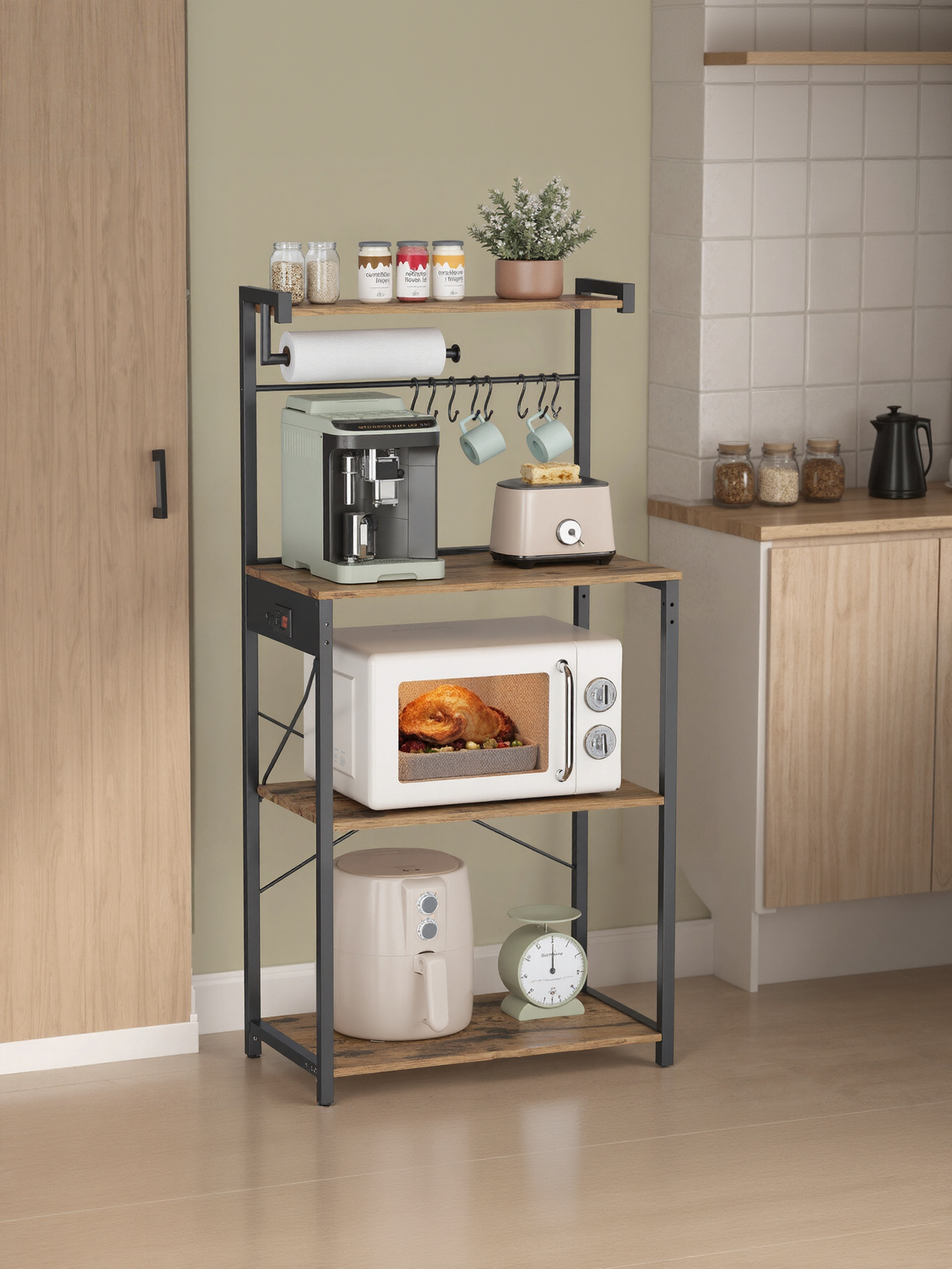 4-Tier Kitchen Bakers Rack with Power Outlet, Coffee Bar and Microwave Stand with Adjustable Shelf, Rustic Brown and Ink Black