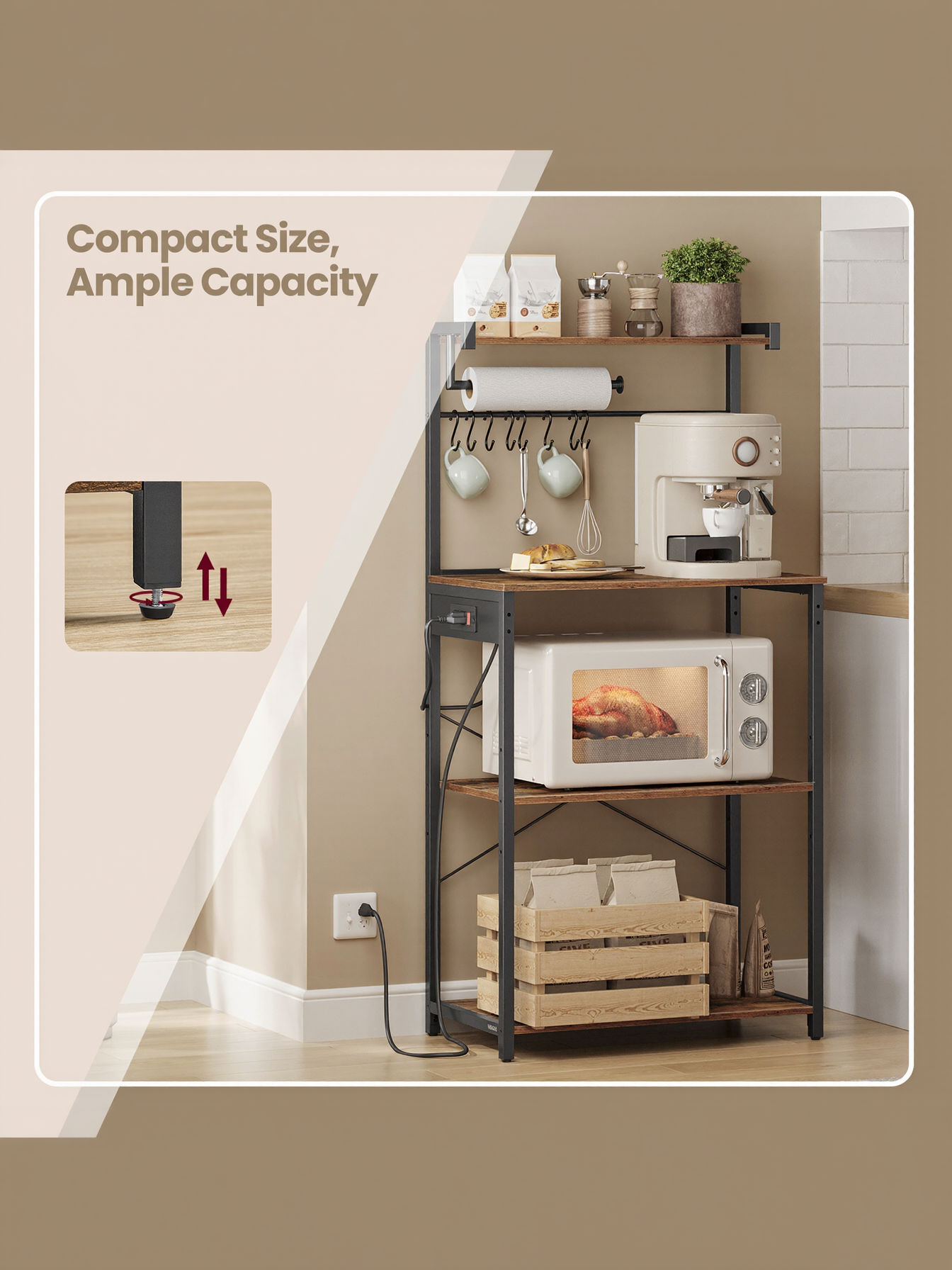 4-Tier Kitchen Bakers Rack with Power Outlet, Coffee Bar and Microwave Stand with Adjustable Shelf, Rustic Brown and Ink Black