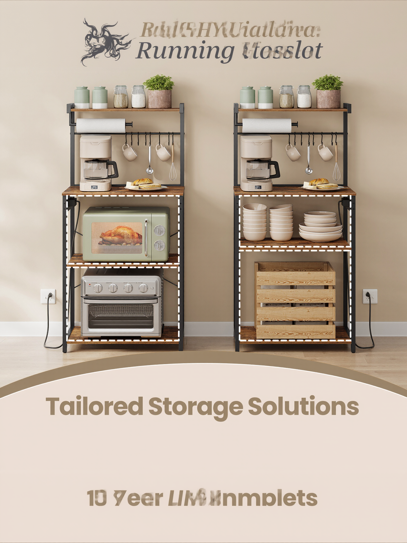 4-Tier Kitchen Bakers Rack with Power Outlet, Coffee Bar and Microwave Stand with Adjustable Shelf, Rustic Brown and Ink Black