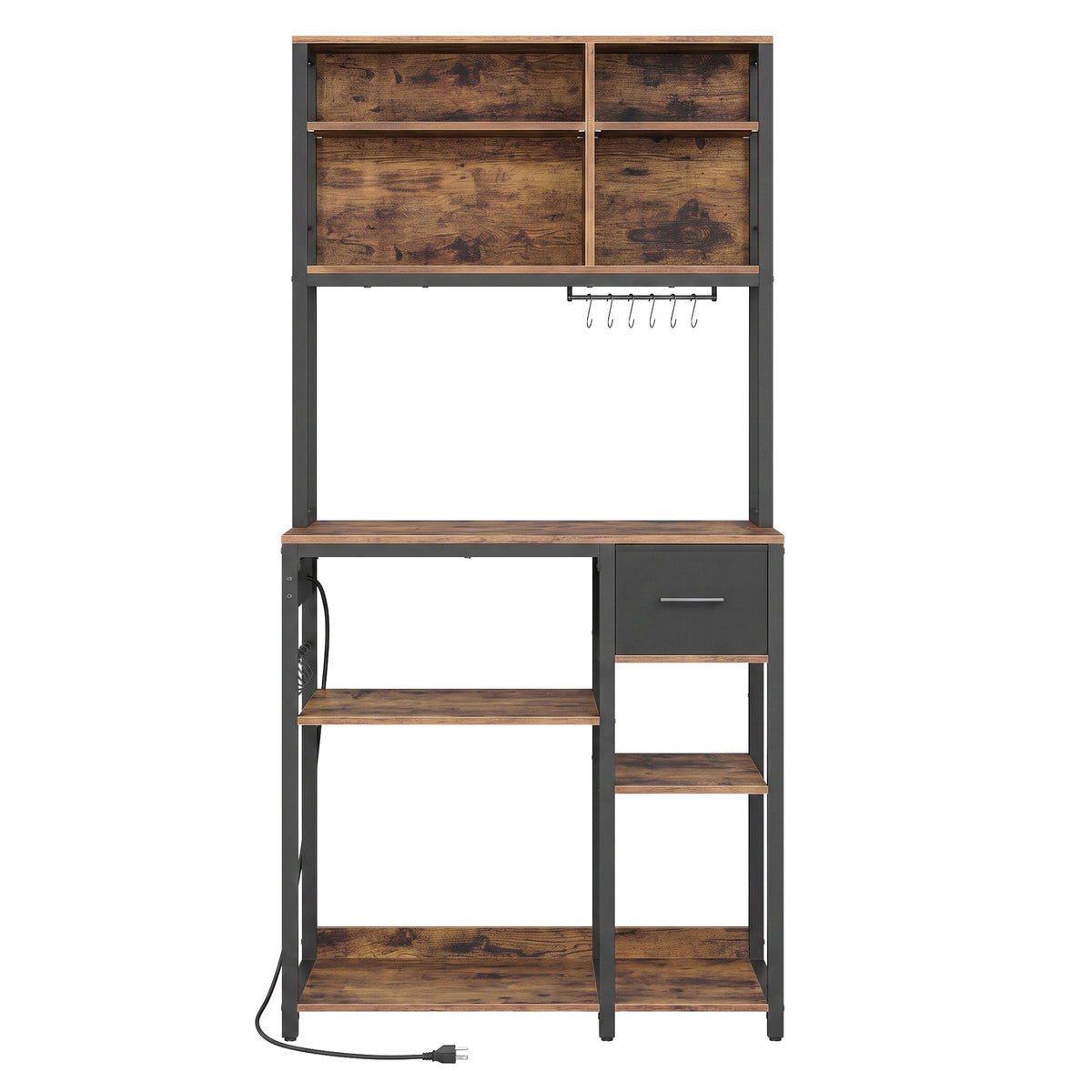 LEDREM Bakers Rack with Charging Station, Kitchen Coffee Bar Shelf, 4 Outlets, 12 Hooks & Fabric Drawer, Freestanding, Rustic Brown & White