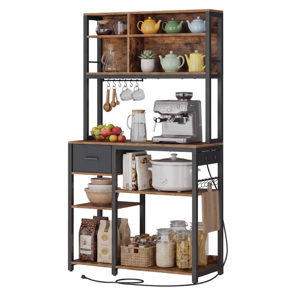 LEDREM Bakers Rack with Charging Station, Kitchen Coffee Bar Shelf, 4 Outlets, 12 Hooks & Fabric Drawer, Freestanding, Rustic Brown & White