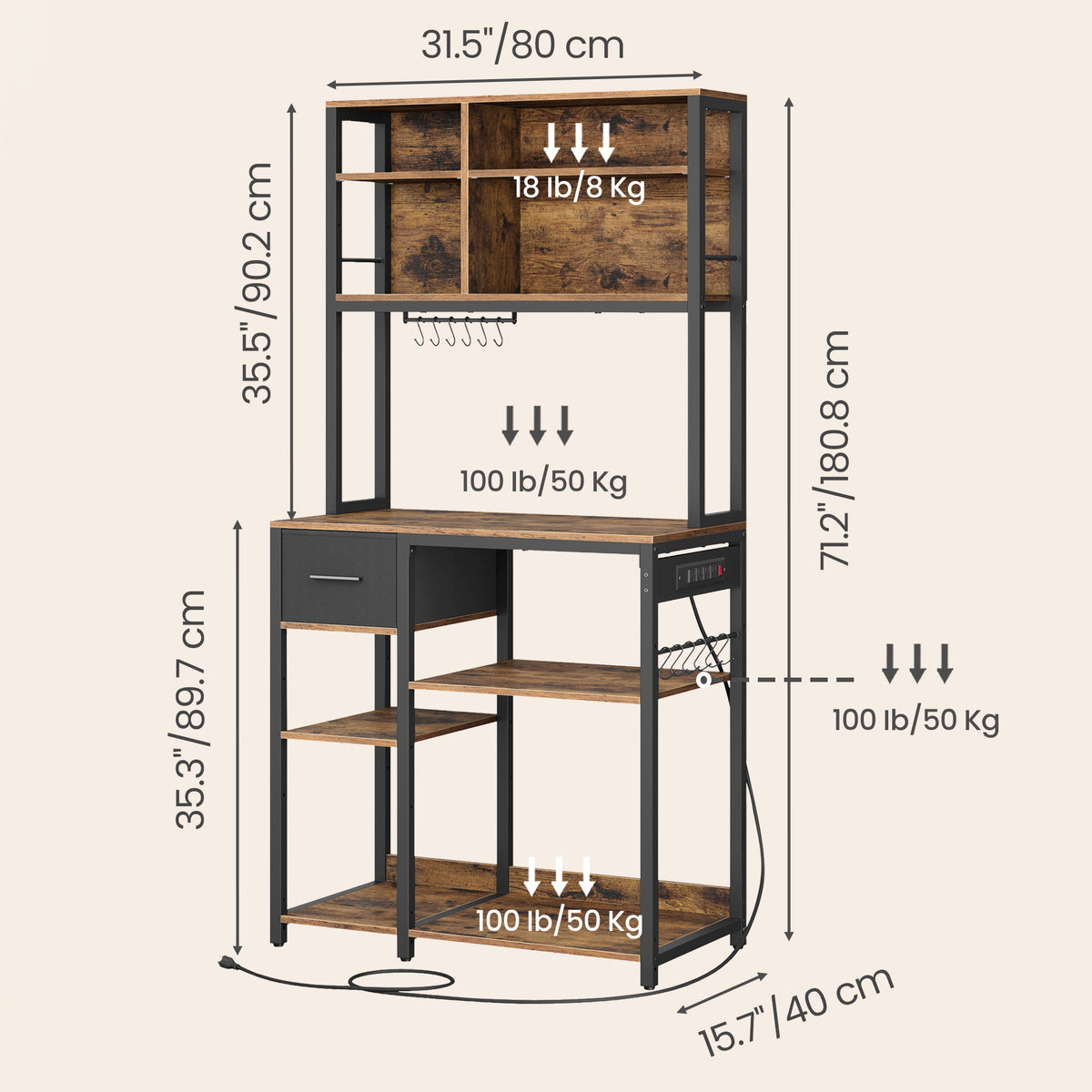 LEDREM Bakers Rack with Charging Station, Kitchen Coffee Bar Shelf, 4 Outlets, 12 Hooks & Fabric Drawer, Freestanding, Rustic Brown & White
