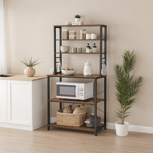 31.5" Coffee Bar & Kitchen Baker's Rack - 6-Tier Storage Shelf with Adjustable Shelf & Hooks, Rustic Brown and Black