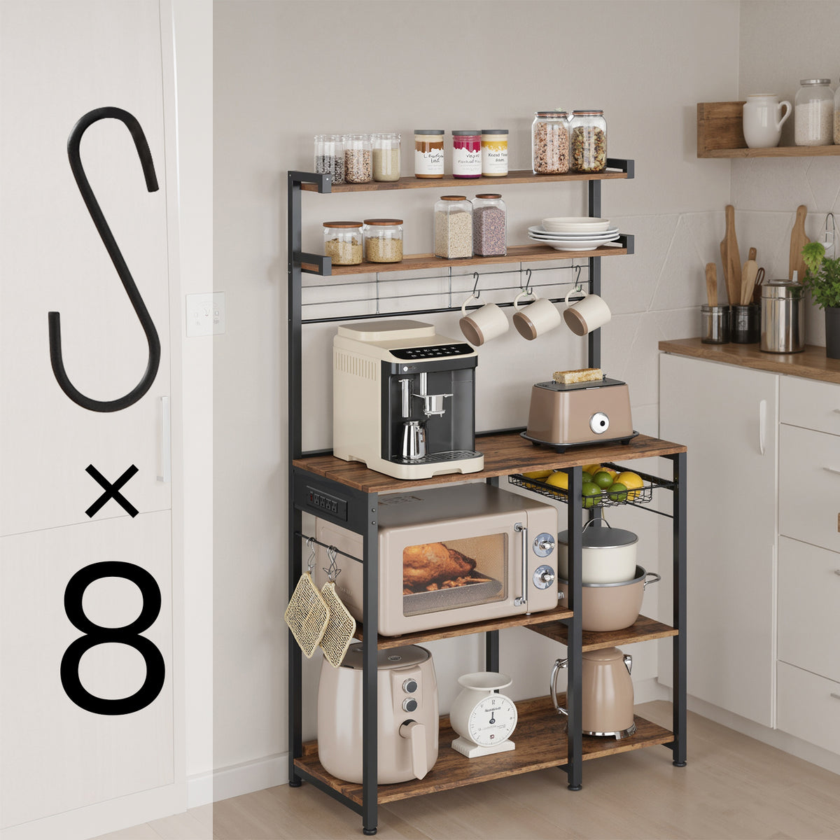 LEDREM Bakers Rack with Power Strip, Coffee Bar with Adjustable Shelves, 8 S-Hooks, Basket, Microwave Stand, Rustic Brown and Matte Black