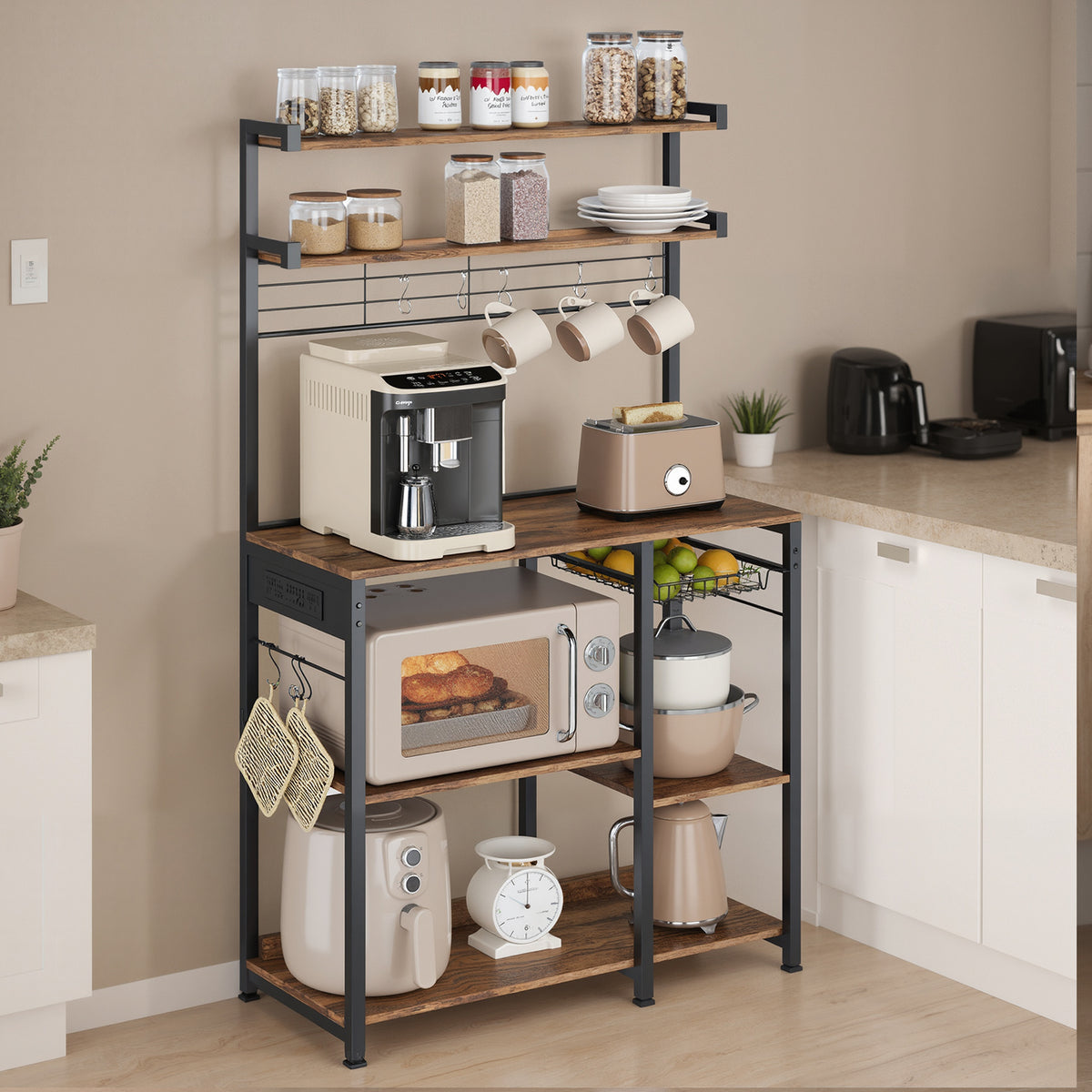 LEDREM Bakers Rack with Power Strip, Coffee Bar with Adjustable Shelves, 8 S-Hooks, Basket, Microwave Stand, Rustic Brown and Matte Black