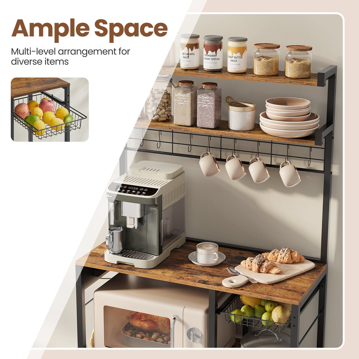 LEDREM Bakers Rack with Power Strip, Coffee Bar with Adjustable Shelves, 8 S-Hooks, Basket, Microwave Stand, Rustic Brown and Matte Black