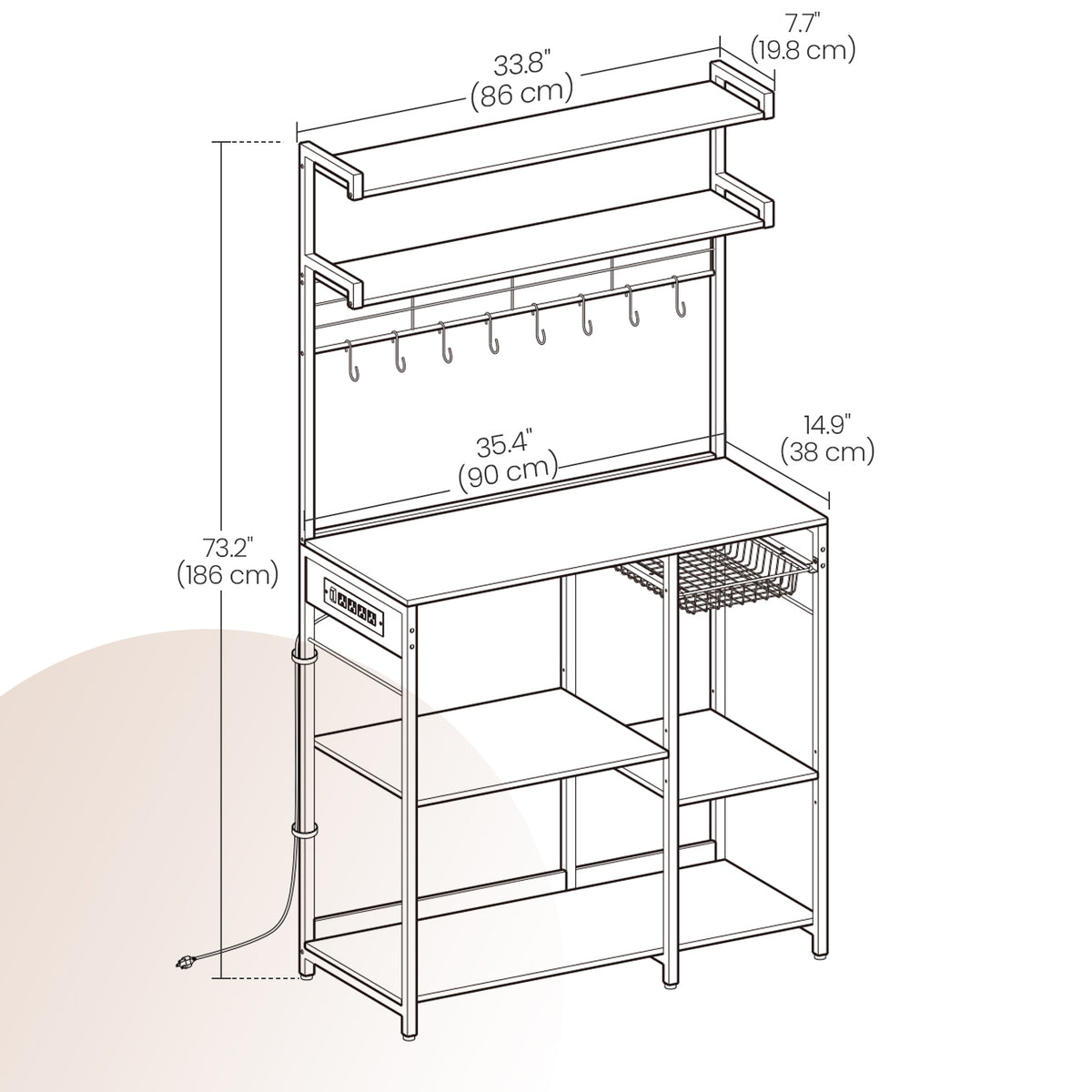 LEDREM Bakers Rack with Power Strip, Coffee Bar with Adjustable Shelves, 8 S-Hooks, Basket, Microwave Stand, Rustic Brown and Matte Black