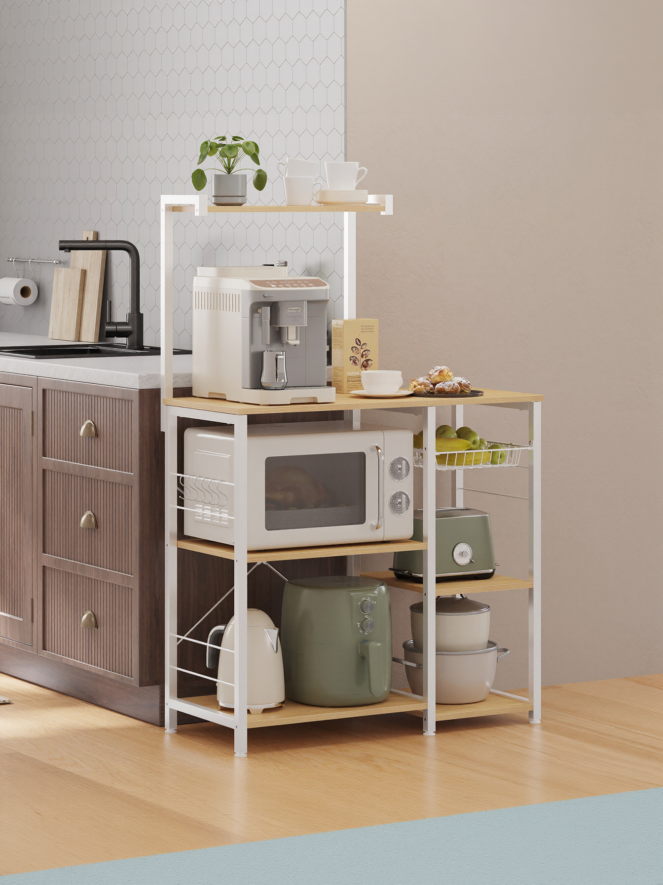 Baker's Rack with Wire Basket and Hooks, Microwave Stand and Kitchen Storage Rack for Pots and Spices, Golden Oak and Cloud White