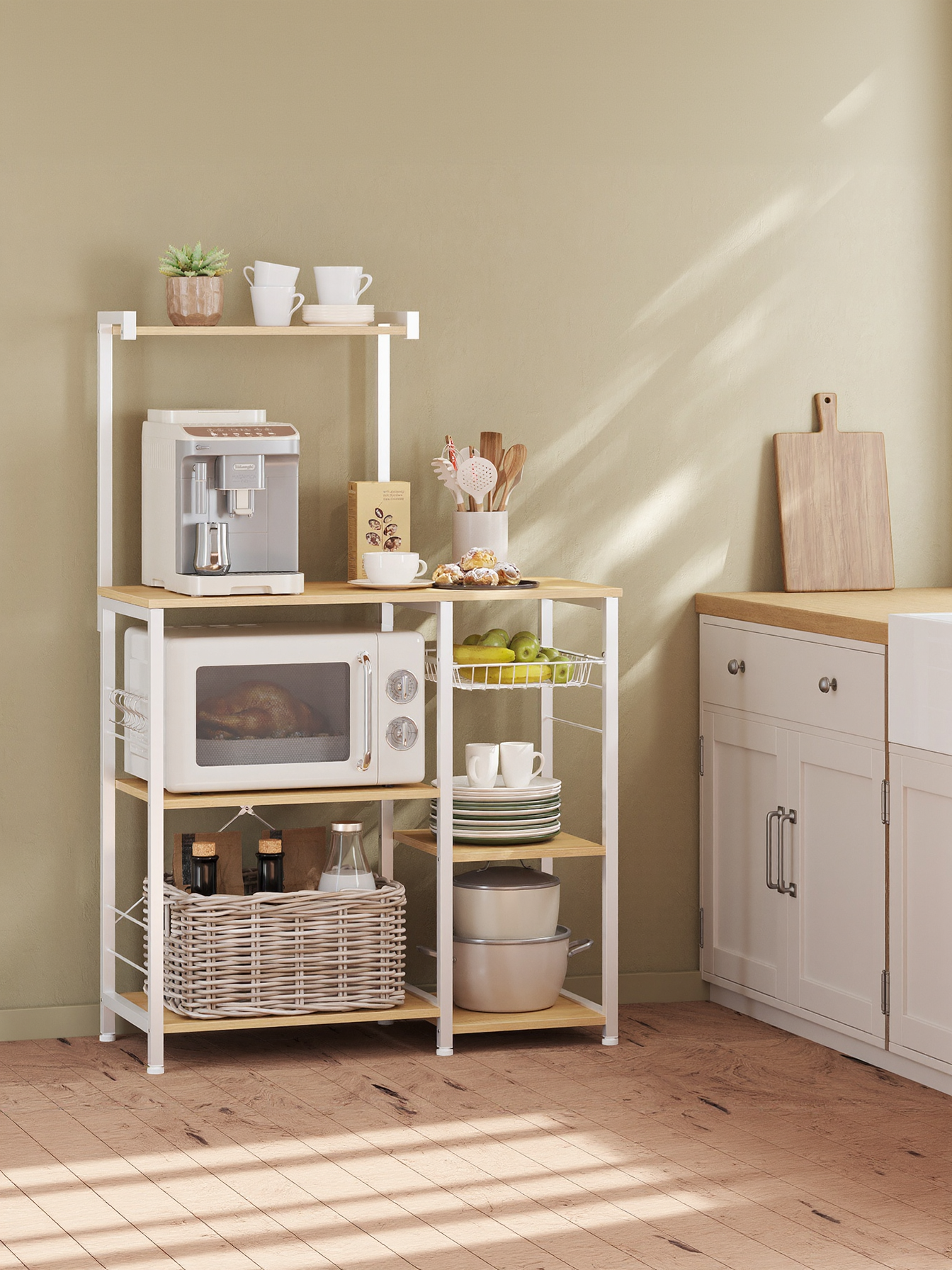 Baker's Rack with Wire Basket and Hooks, Microwave Stand and Kitchen Storage Rack for Pots and Spices, Golden Oak and Cloud White