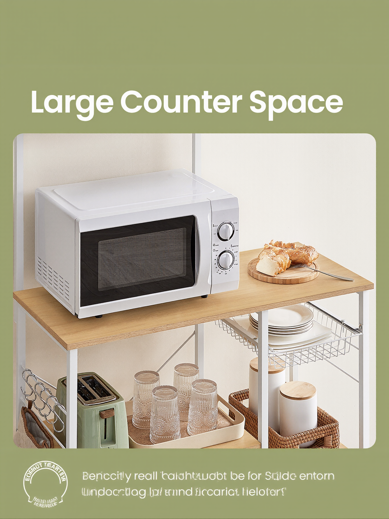 Baker's Rack with Wire Basket and Hooks, Microwave Stand and Kitchen Storage Rack for Pots and Spices, Golden Oak and Cloud White