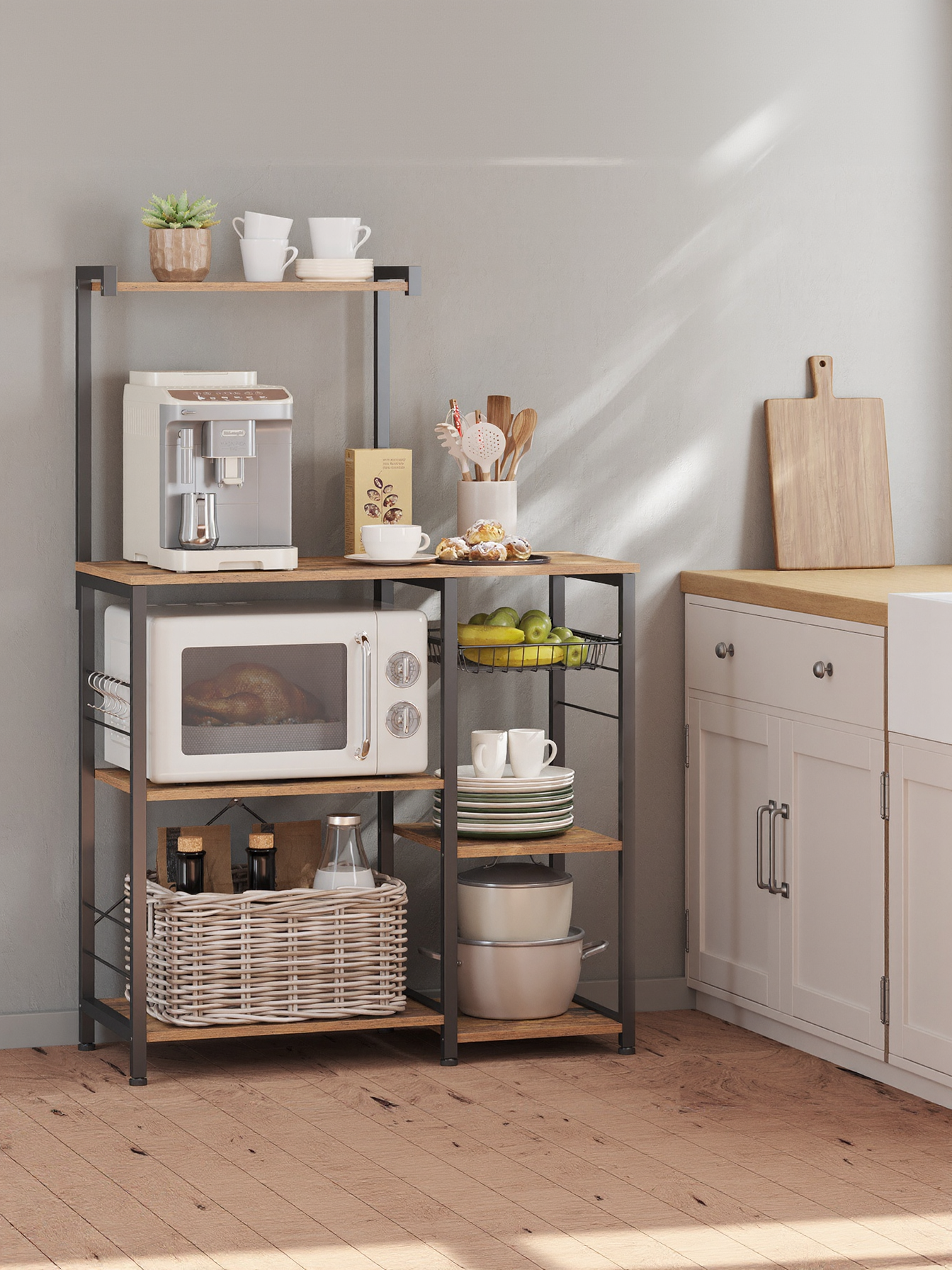 Baker's Rack with Wire Basket and Hooks, Microwave Stand and Kitchen Storage Rack for Pots and Spices, Rustic Brown and Ink Black