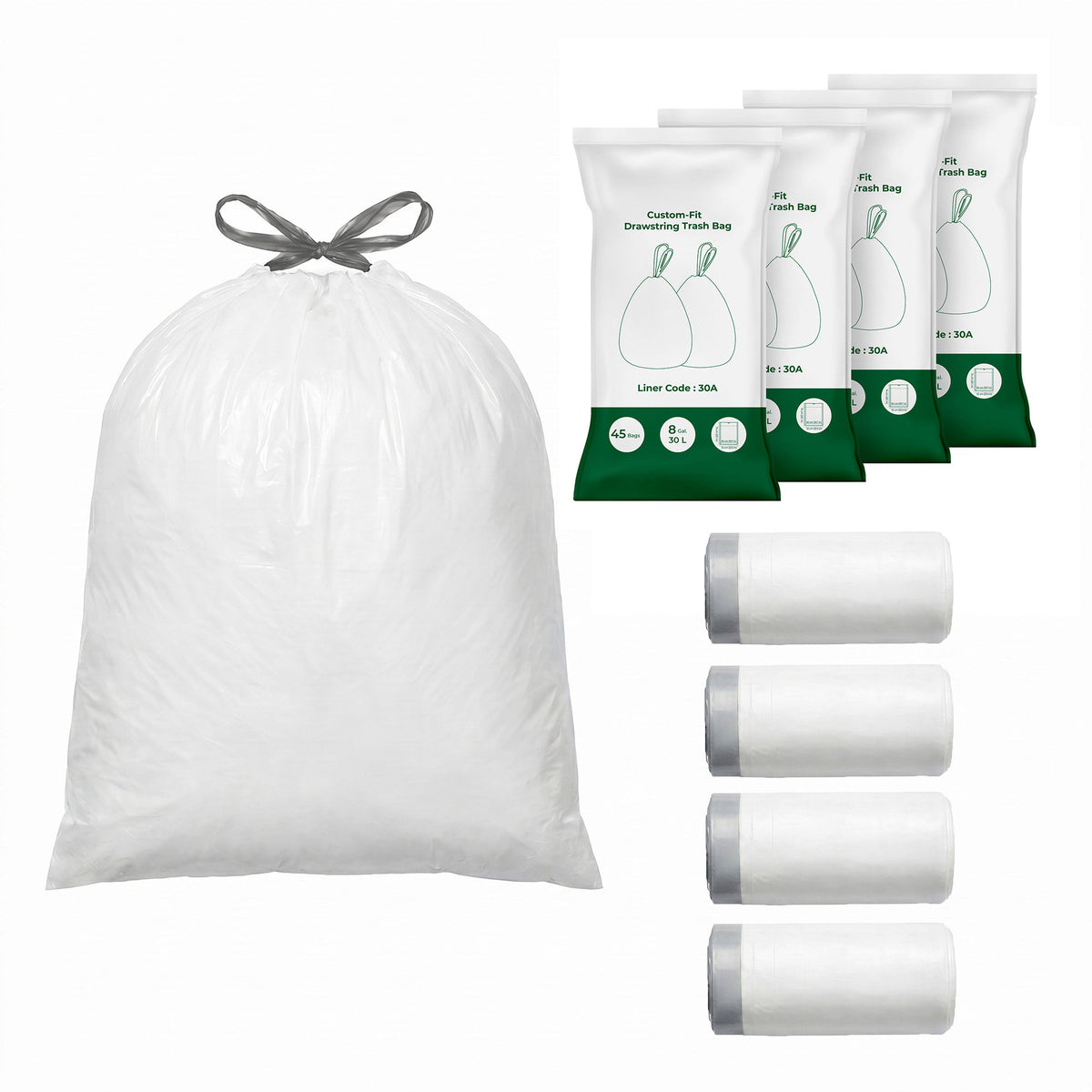 LEDREM 8-Gallon Heavy-Duty Trash Bags, 180 Count Garbage Bags with Drawstrings, Quick-Dispense Box, Cloud White and Dove Gray