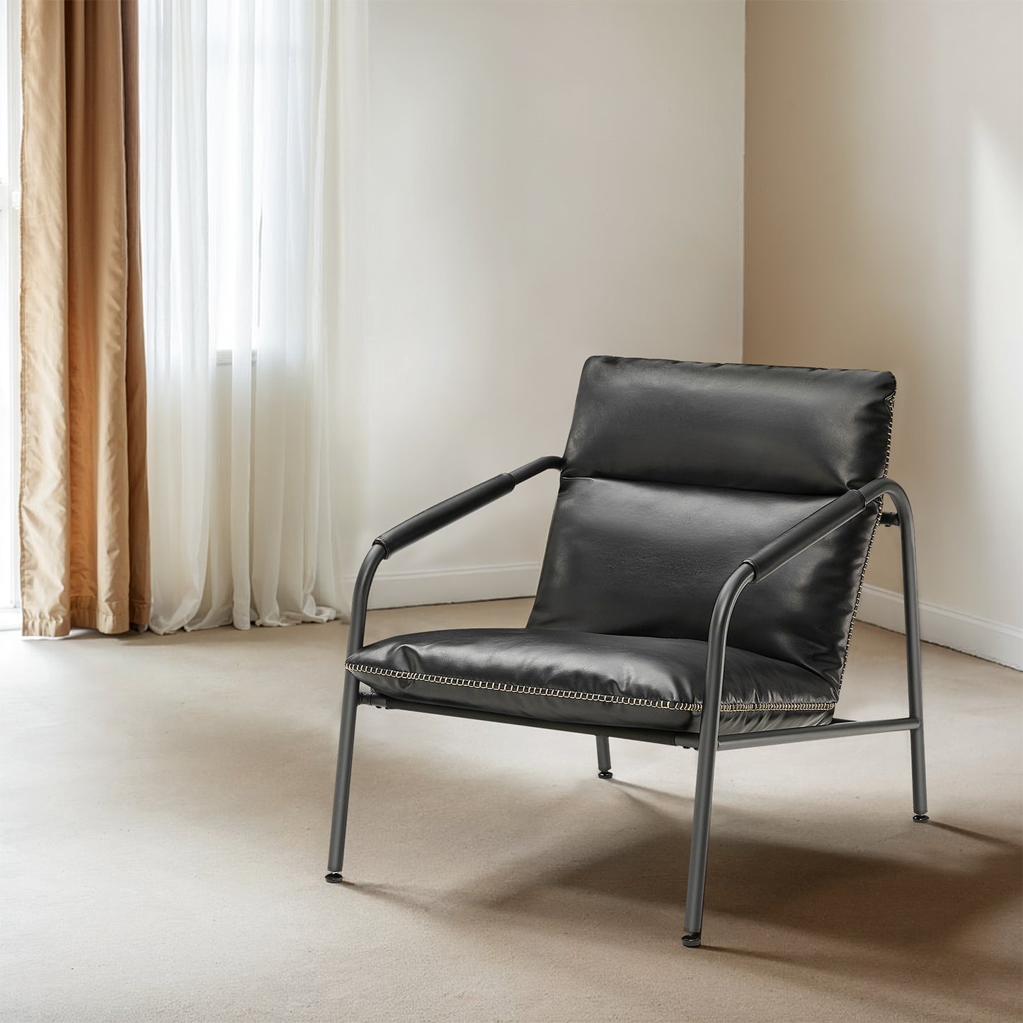 Mid-Century Modern Accent Chair, Metal Framed Armchair with Synthetic Leather Cushion, Sling Lounge Chair for Living Room or Bedroom, Ink Black
