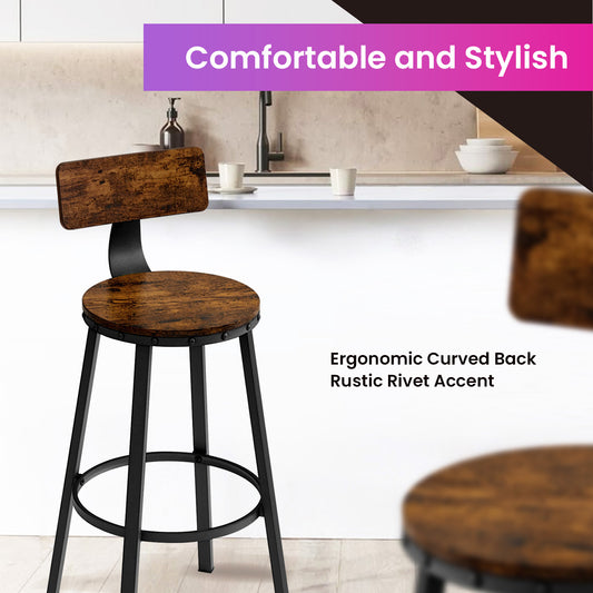 Bar Stools Set of 2, Counter Height Barstools with Backrest & Footrest, 28.7" Sturdy Steel Frame, Ergonomic Design for Kitchen,Dining,Bar, Rustic Brown & Black