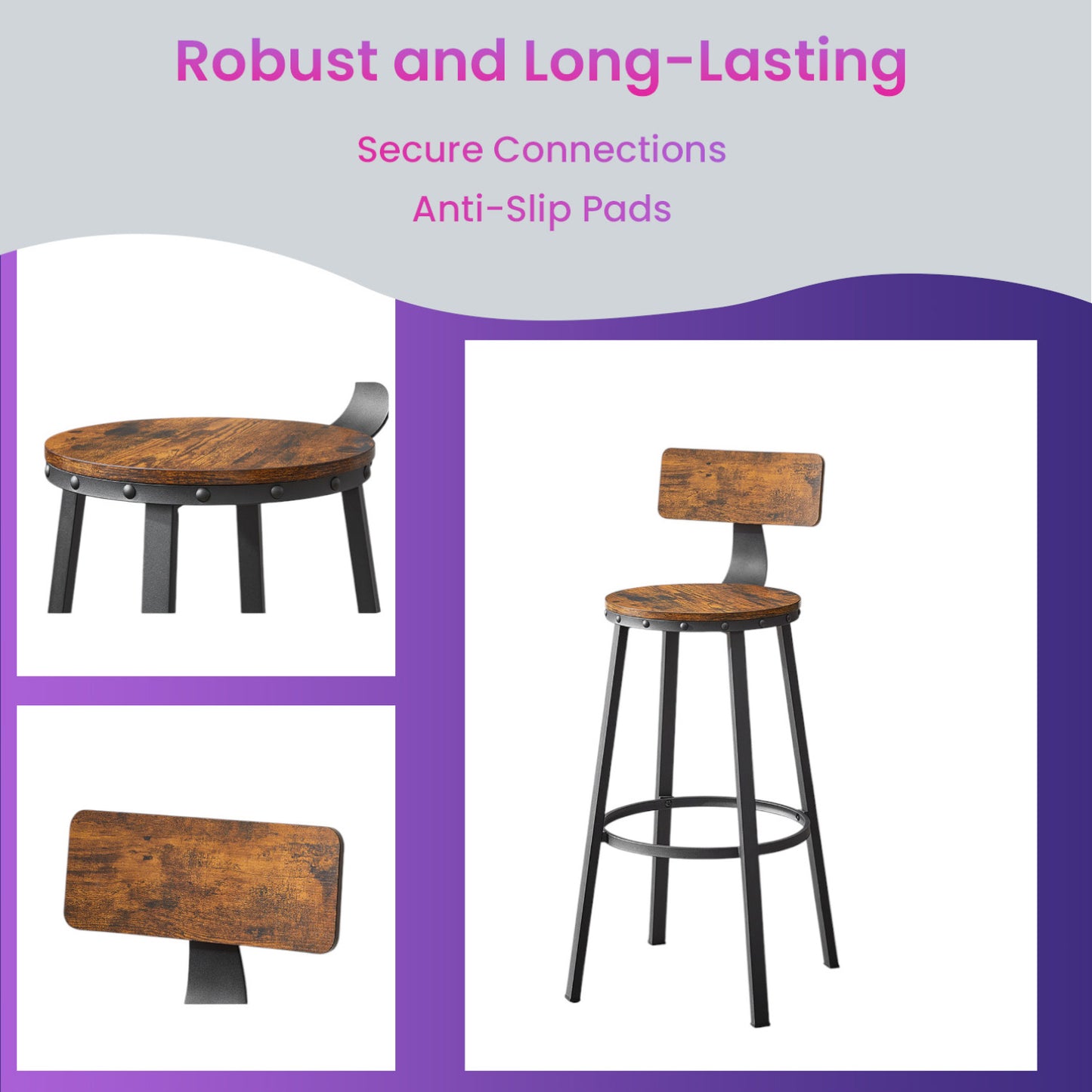 Bar Stools Set of 2, Counter Height Barstools with Backrest & Footrest, 28.7" Sturdy Steel Frame, Ergonomic Design for Kitchen,Dining,Bar, Rustic Brown & Black