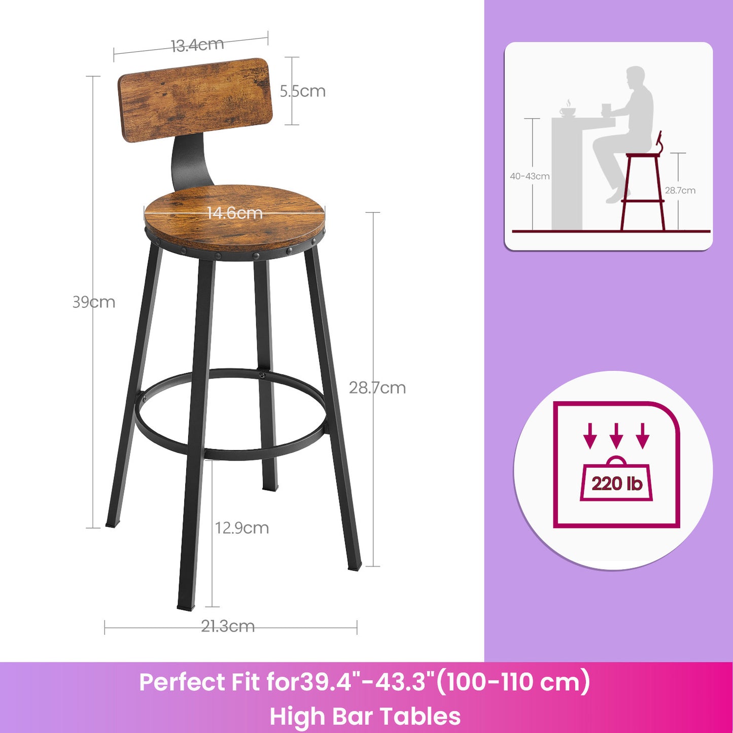 Bar Stools Set of 2, Counter Height Barstools with Backrest & Footrest, 28.7" Sturdy Steel Frame, Ergonomic Design for Kitchen,Dining,Bar, Rustic Brown & Black