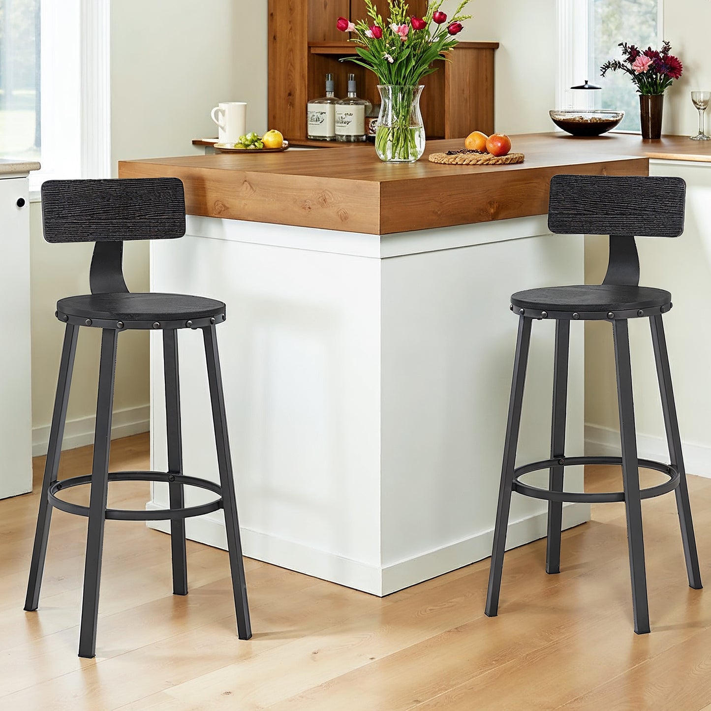 Bar Stools Set of 2, 28.7" Counter Height Stools with Backrest & Footrest, Heavy-Duty Steel Frame, Ergonomic Design for Kitchen,Bar,Dining, Easy Assembly, Ebony Black