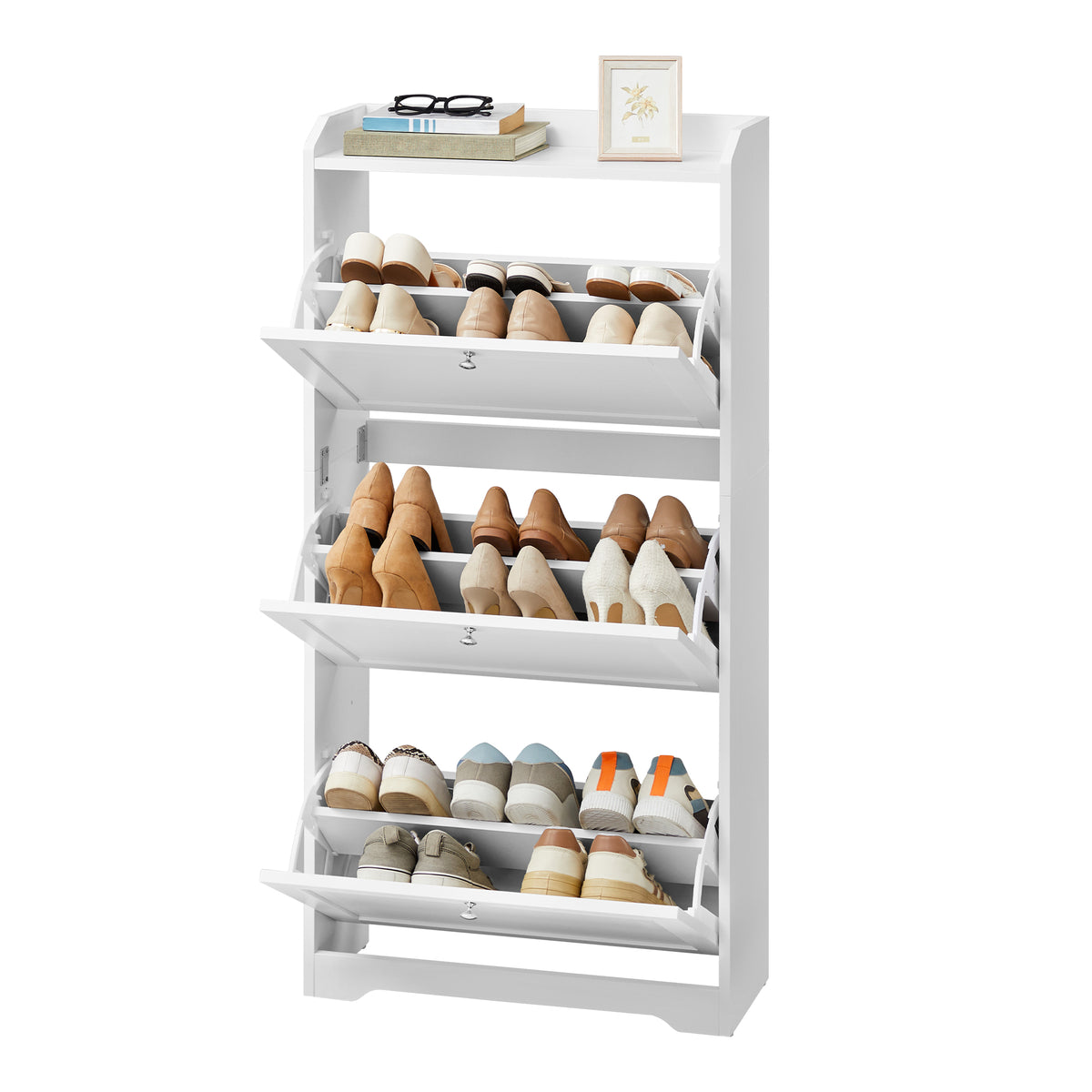 LEDREM Shoe Rack, Shoe Storage Cabinet, 3 Flip Drawers, Holds 12-20 Pairs, for Entryway, Cloud White