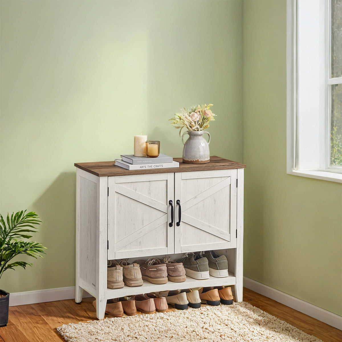 LEDREM 4-Tier Shoe Cabinet, Shoe Storage Organizer with Height-Adjustable Shelf, 31.5 x 13.8 x 27.8 Inches, White and Tan