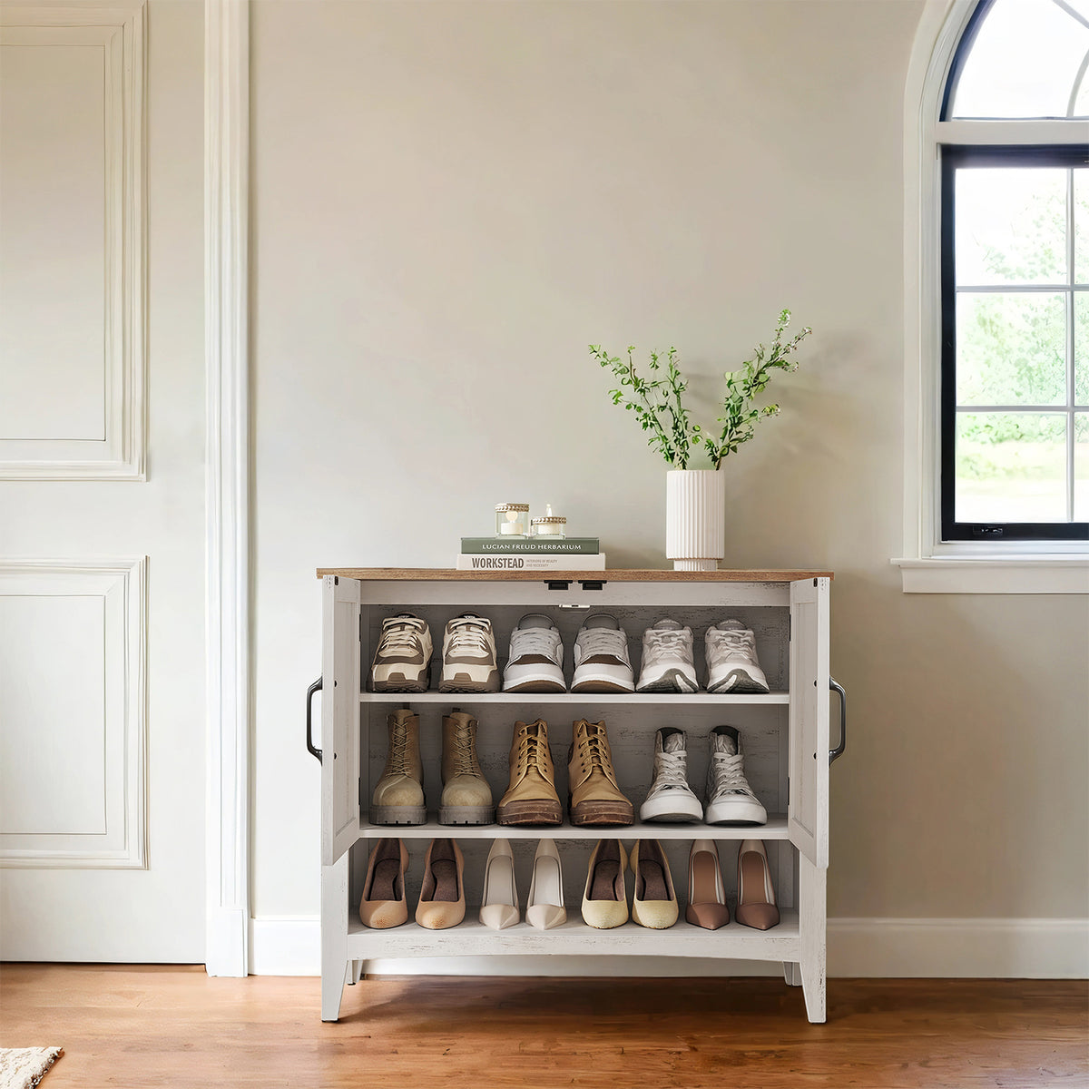 LEDREM 4-Tier Shoe Cabinet, Shoe Storage Organizer with Height-Adjustable Shelf, 31.5 x 13.8 x 27.8 Inches, White and Tan
