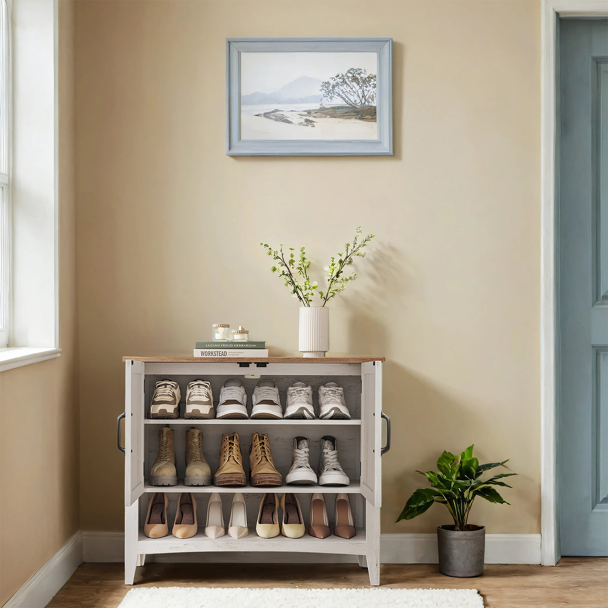 LEDREM 4-Tier Shoe Cabinet, Shoe Storage Organizer with Height-Adjustable Shelf, 31.5 x 13.8 x 27.8 Inches, White and Tan