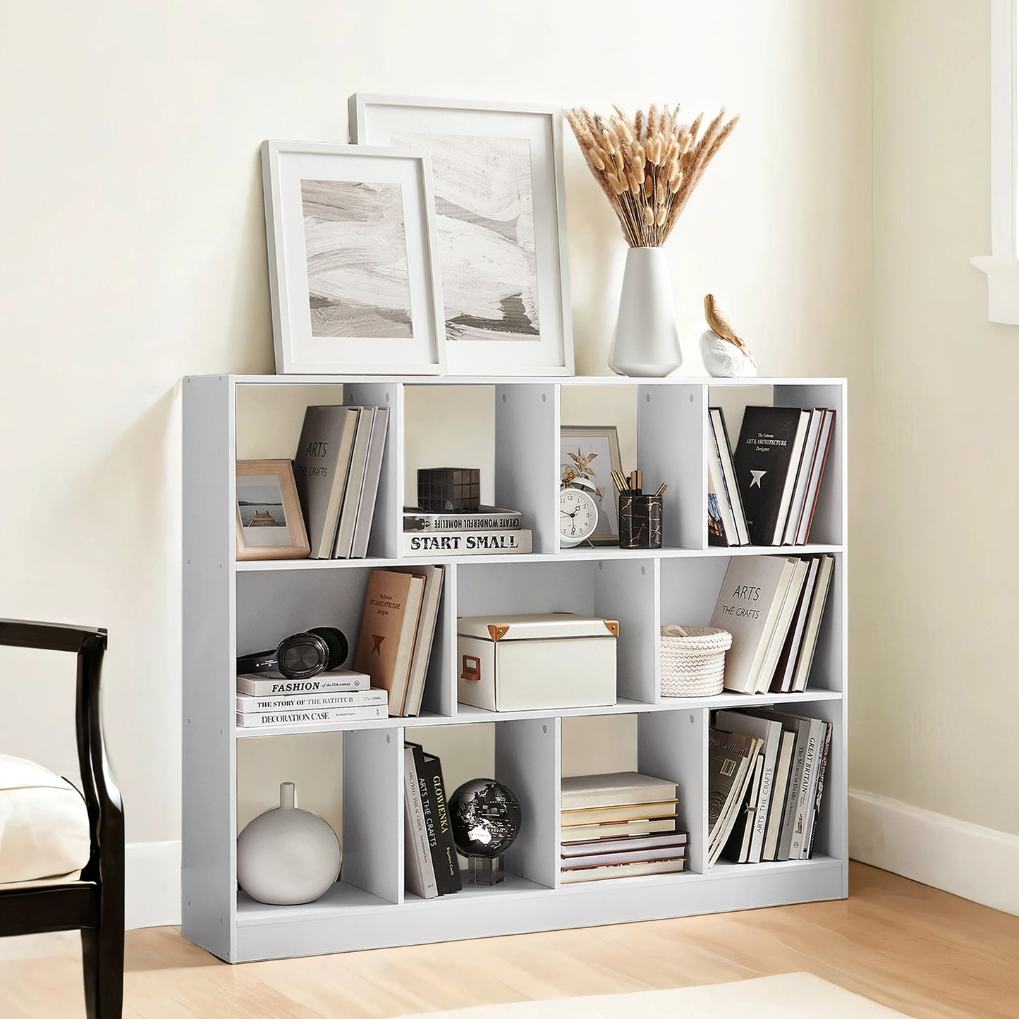 Bookshelf - 11-Compartment Storage Unit, 386lb Capacity, Wall-Mountable, Multi-Directional Use, Easy Assembly, Cloud White