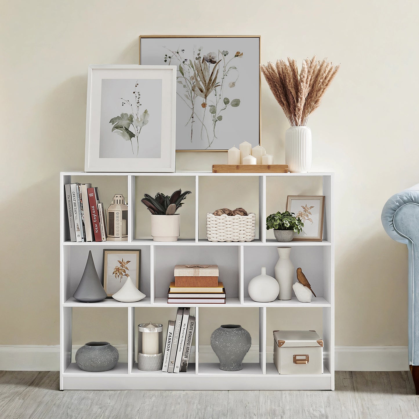 Bookshelf - 11-Compartment Storage Unit, 386lb Capacity, Wall-Mountable, Multi-Directional Use, Easy Assembly, Cloud White