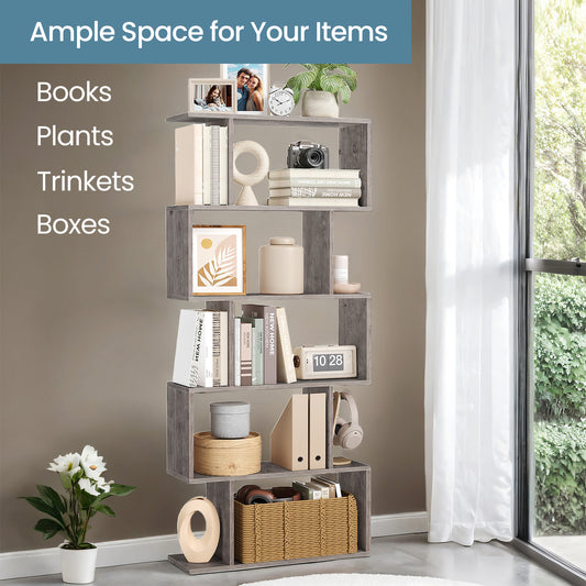 5-Tier Wooden Bookcase - Display Shelf & Room Divider, 33lb Capacity, Anti-Tip Kit, Easy Assembly, Freestanding Storage, Greige