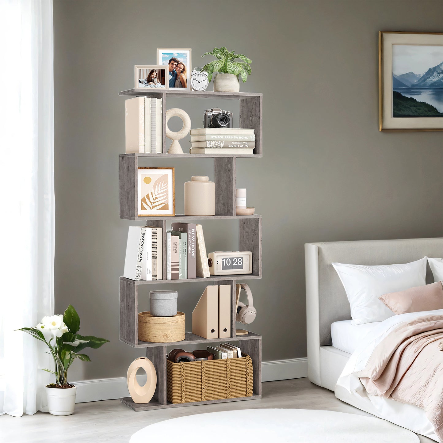 5-Tier Wooden Bookcase - Display Shelf & Room Divider, 33lb Capacity, Anti-Tip Kit, Easy Assembly, Freestanding Storage, Greige