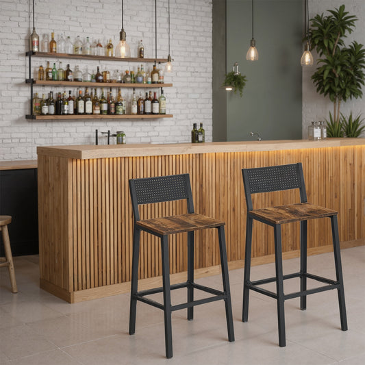 Set of 2 Industrial Bar Stools with Backrest, Tall Chairs for Kitchen Counter & Home Bar, 286lb Capacity, Rustic Brown and Black