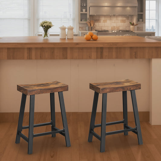 Set of 2 Industrial Bar Stools with Footrest, 23.6" Counter Height, Kitchen Bar Stools, Easy Assembly, Rustic Brown and Black
