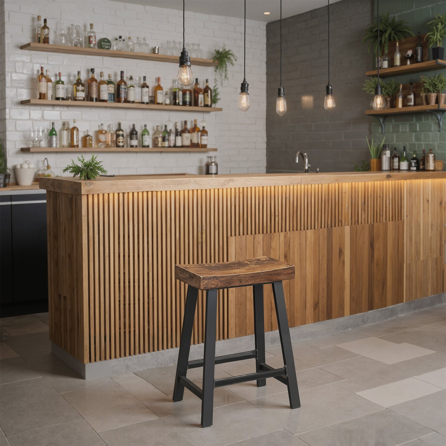 Set of 2 Industrial Bar Stools with Footrest, 23.6" Counter Height, Kitchen Bar Stools, Easy Assembly, Rustic Brown and Black