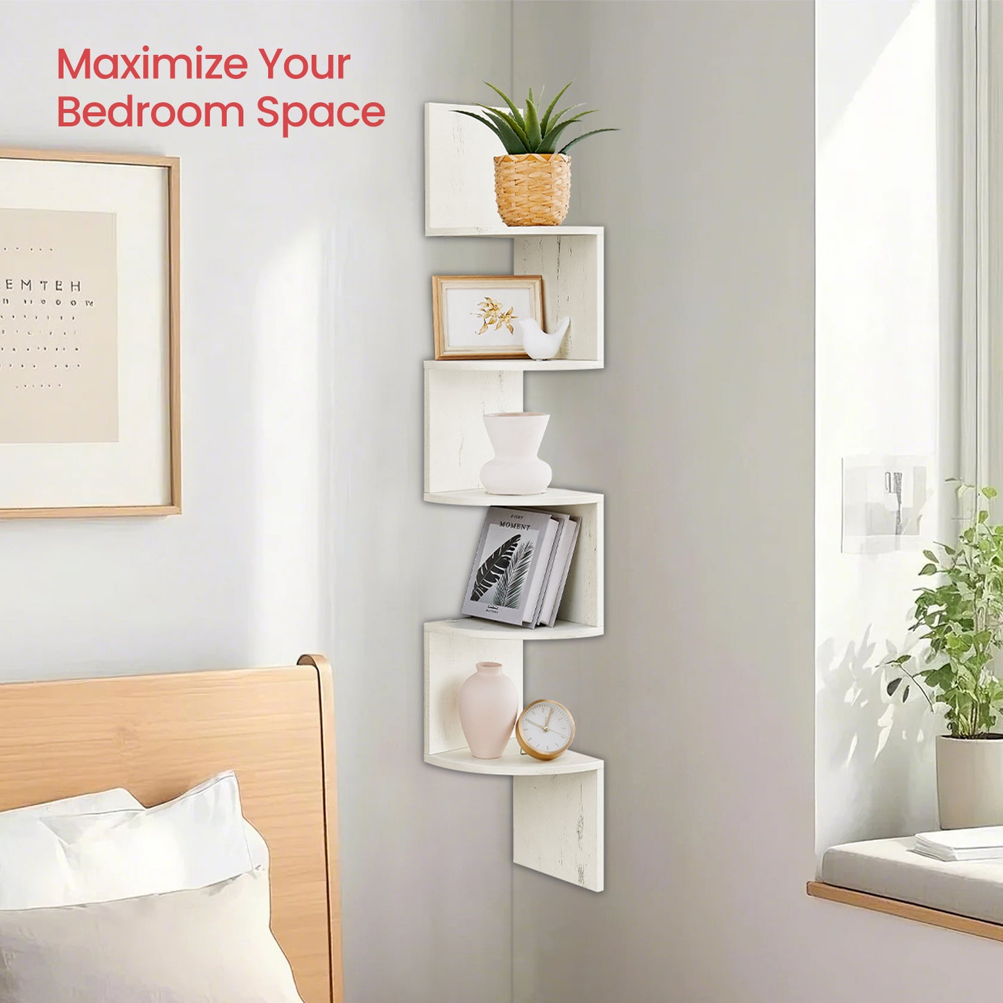 Floating Corner Shelf - 5-Tier Wall Mount Bookshelf, Space-Saving Design, 13.2lb Capacity per Shelf, Rustic White