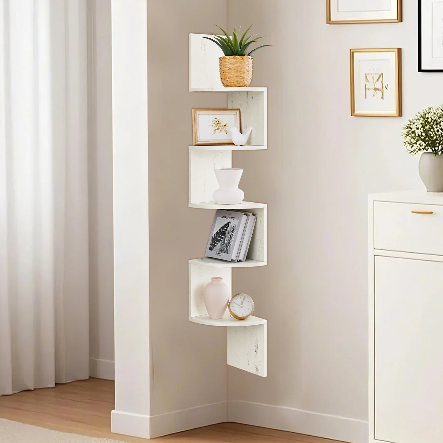 Floating Corner Shelf - 5-Tier Wall Mount Bookshelf, Space-Saving Design, 13.2lb Capacity per Shelf, Rustic White