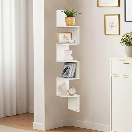 Floating Corner Shelf - 5-Tier Wall Mount Bookshelf, Space-Saving Design, 13.2lb Capacity per Shelf, Rustic White