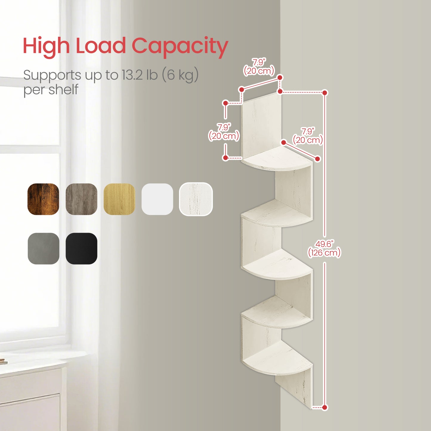 Floating Corner Shelf - 5-Tier Wall Mount Bookshelf, Space-Saving Design, 13.2lb Capacity per Shelf, Rustic White