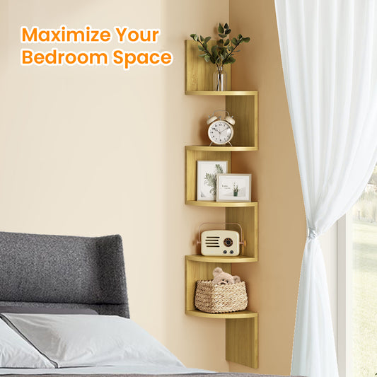 5-Tier Wall Mounted Corner Shelf, Floating Bookshelf with Zigzag Design for Bedroom, Living Room, Space Saving, Yellow