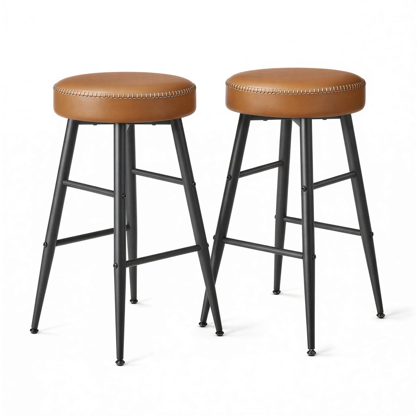 Set of 2 Backless Counter Height Bar Stools, Mid-Century Modern Kitchen Island Stools with Padded Synthetic Leather, 24.8-Inch Tall, Caramel Brown