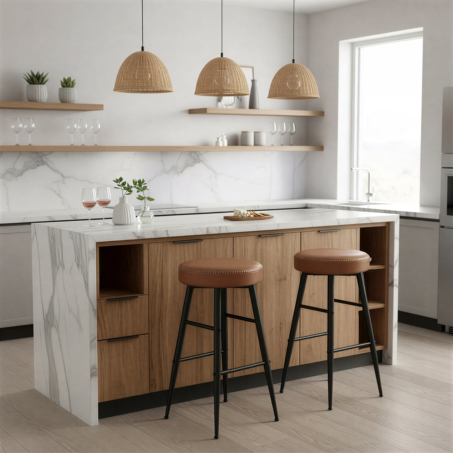 Set of 2 Backless Counter Height Bar Stools, Mid-Century Modern Kitchen Island Stools with Padded Synthetic Leather, 24.8-Inch Tall, Caramel Brown